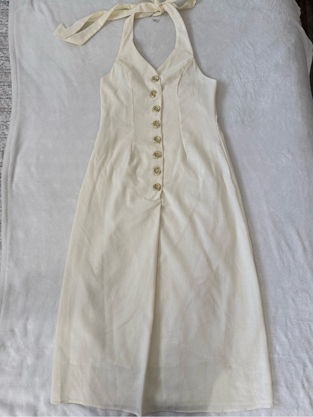 SHEIN Cream Halter Midi Dress Gold Button Detail Open Back Size M NWOT - Picture 3 of 12